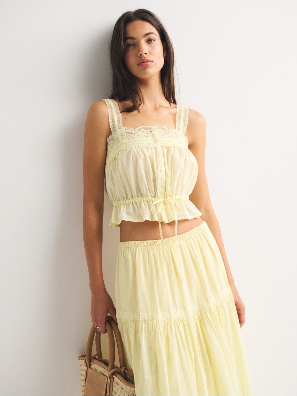 Abercrombie & Fitch Light Yellow Lace-Trim Crop Tank XS